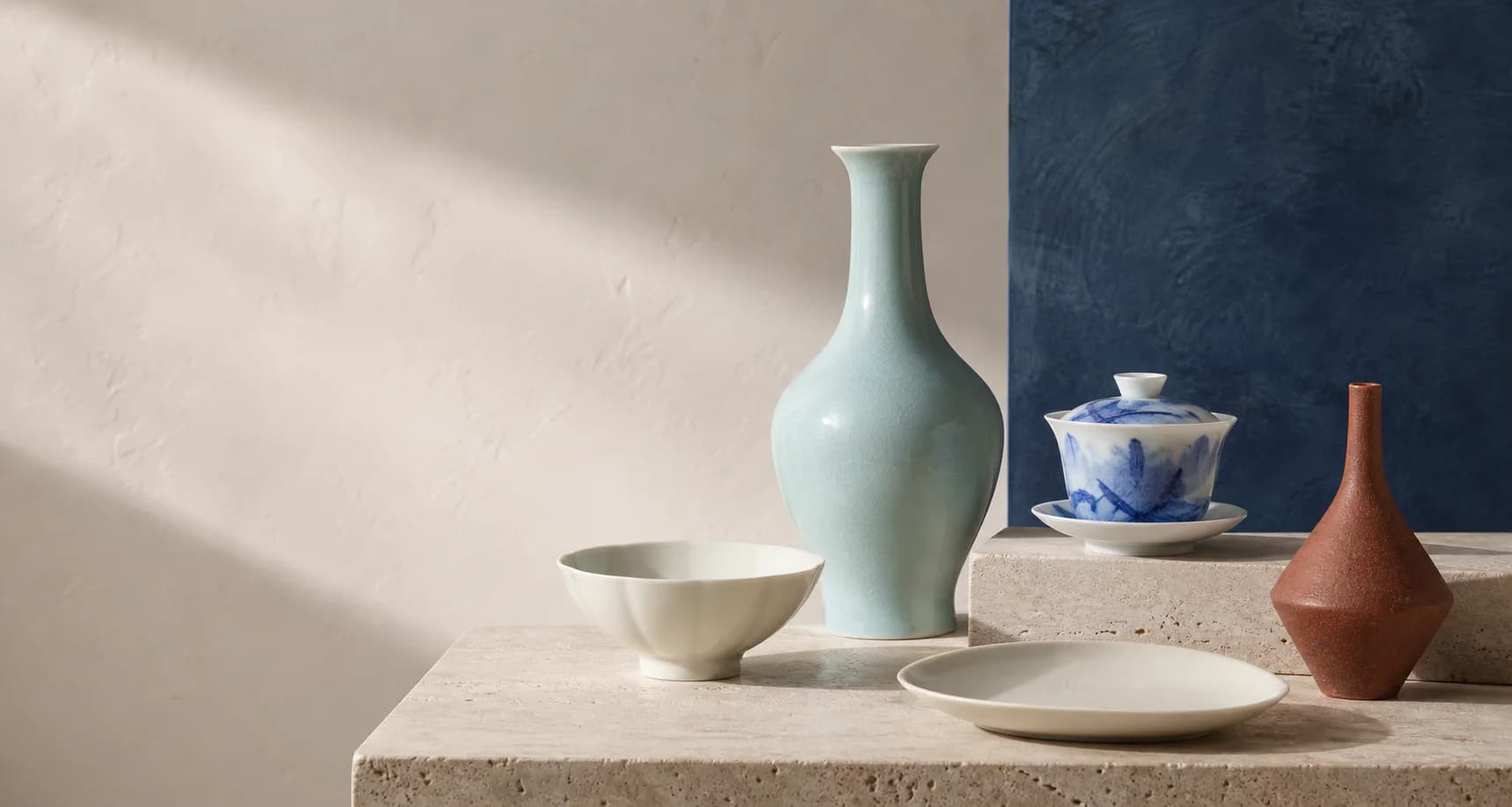 A curated still life of contemporary Jingdezhen porcelain